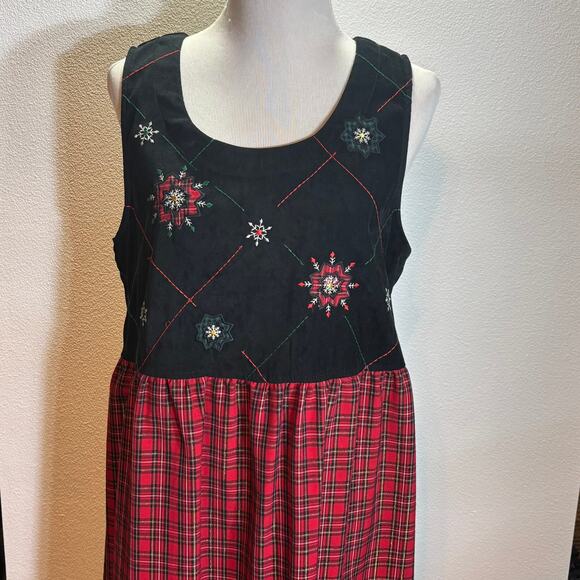 Bobbie Brooks Christmas Maxi Dress Plaid Embroidered Snowflakes Women L Y2K - Picture 2 of 5